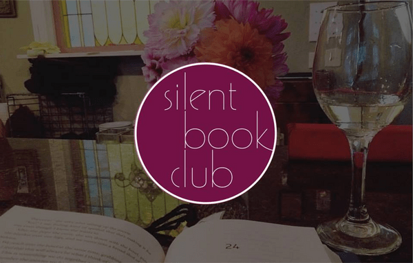 Silent Book Club icon with books and wine