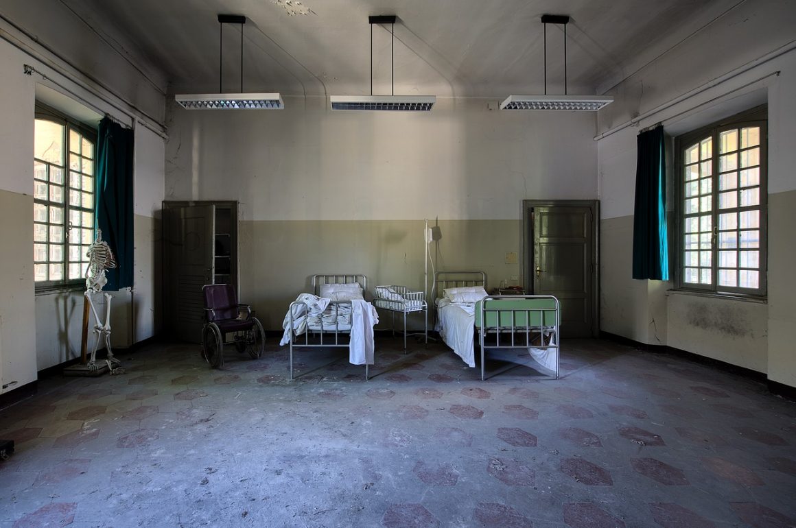 hospital room with beds and windows