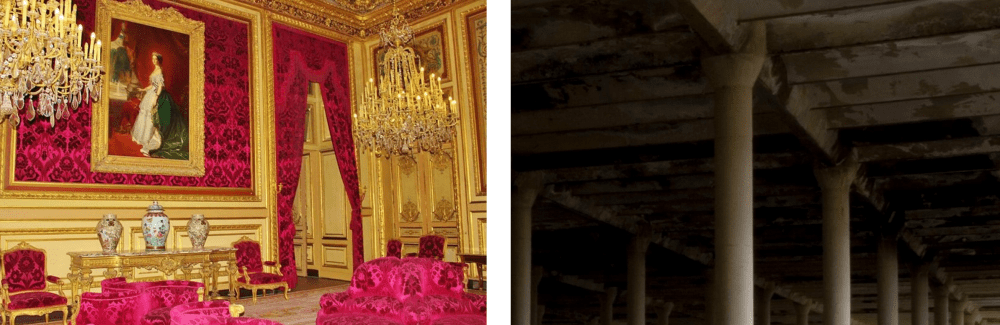 Two photos. First is of Louis XVI drawing room with brasses and brocatelle. Second is of ugly ceiling of old dark factory warehouse room.