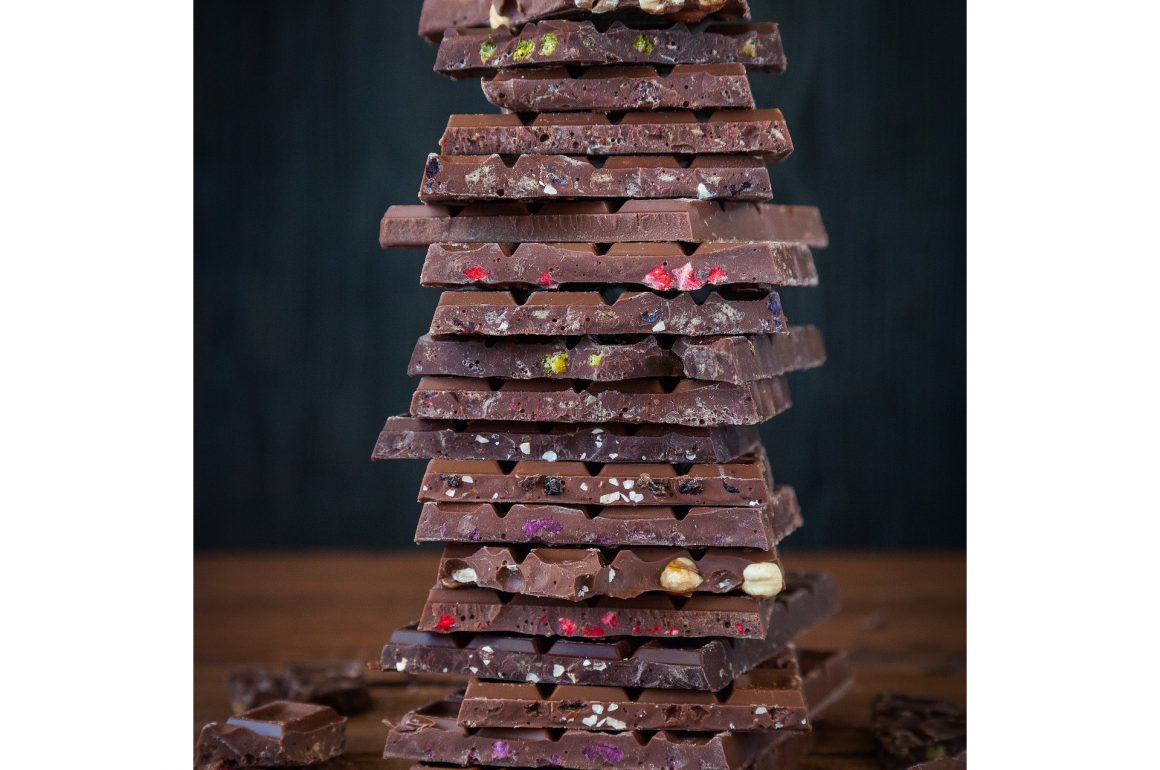 tall stack of chocolate bars . . . to eat in moderation
