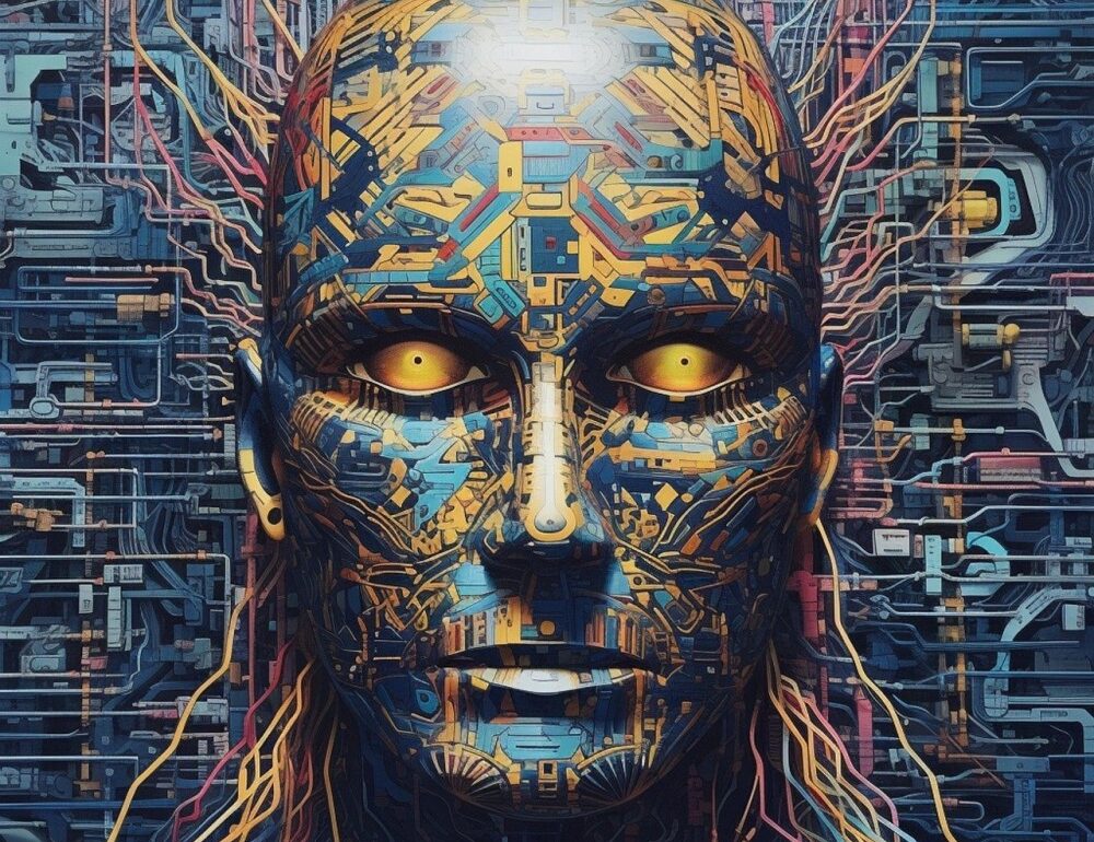 circuit board forming human face to depict ai